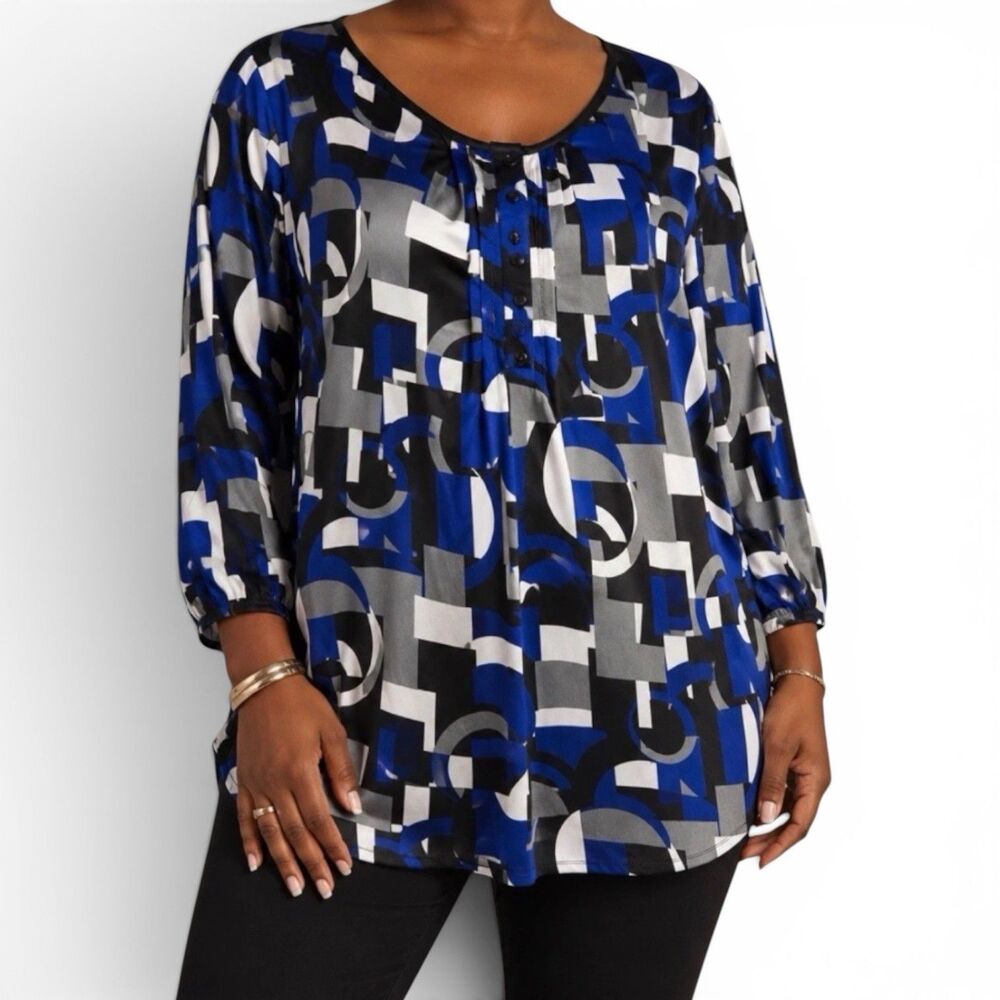 Sag Harbor Women XL Blue Black Geometric Print 3/4 Sleeve Blouse Top